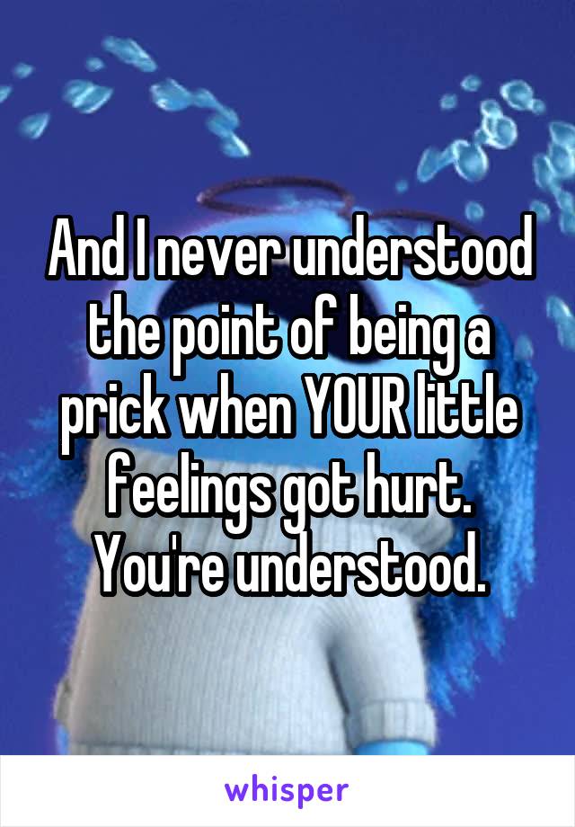 And I never understood the point of being a prick when YOUR little feelings got hurt. You're understood.
