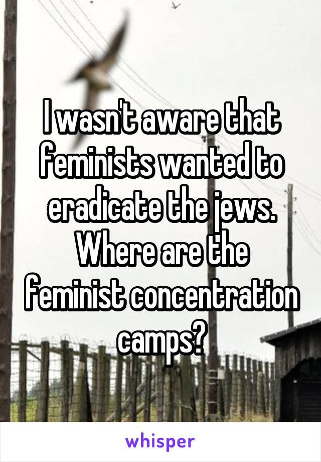 I wasn't aware that feminists wanted to eradicate the jews.
Where are the feminist concentration camps?