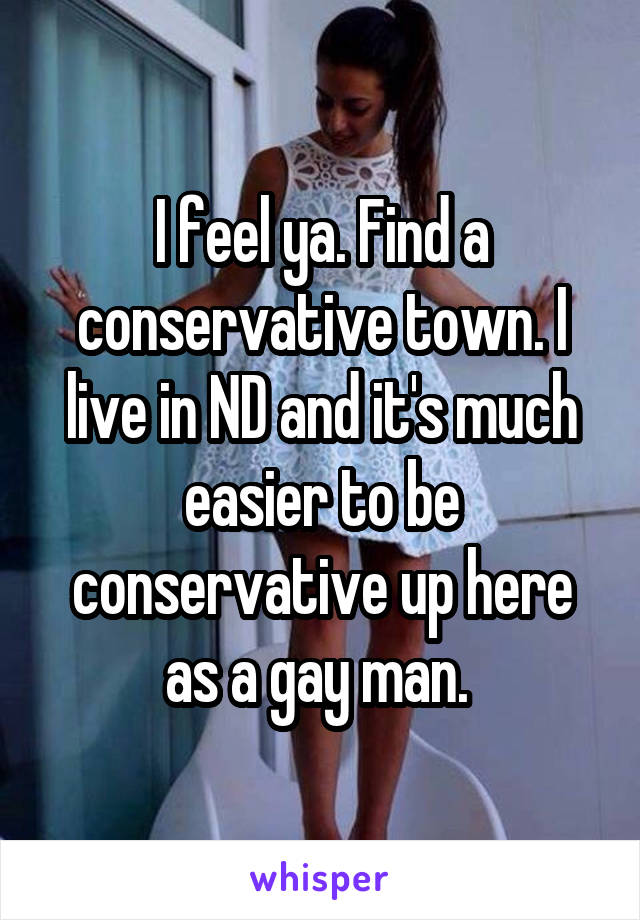 I feel ya. Find a conservative town. I live in ND and it's much easier to be conservative up here as a gay man. 