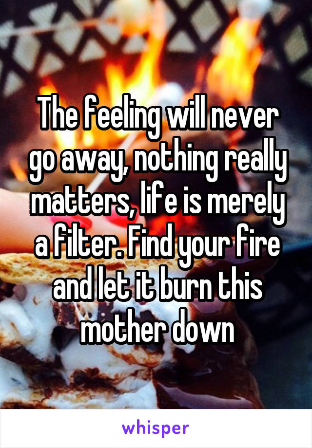 The feeling will never go away, nothing really matters, life is merely a filter. Find your fire and let it burn this mother down