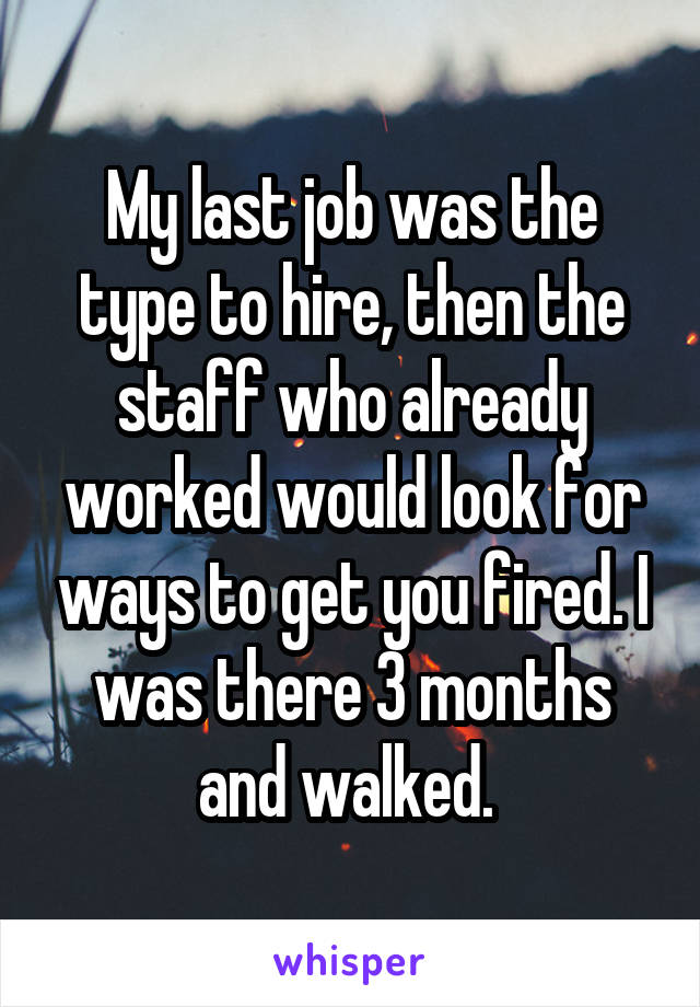 My last job was the type to hire, then the staff who already worked would look for ways to get you fired. I was there 3 months and walked. 