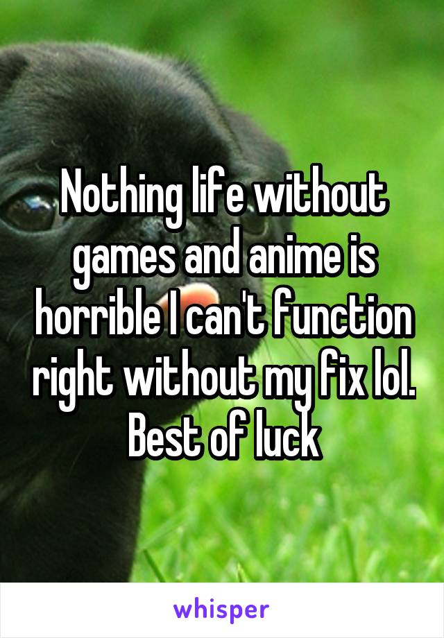 Nothing life without games and anime is horrible I can't function right without my fix lol. Best of luck