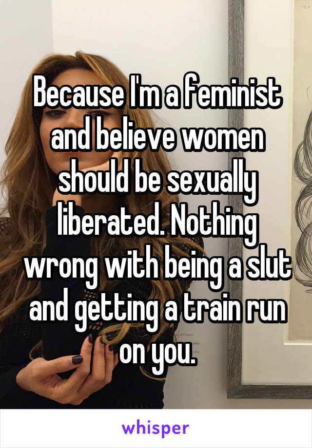 Because I'm a feminist and believe women should be sexually liberated. Nothing wrong with being a slut and getting a train run on you.