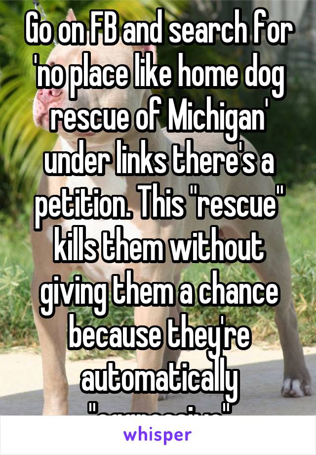 Go on FB and search for 'no place like home dog rescue of Michigan' under links there's a petition. This "rescue" kills them without giving them a chance because they're automatically "aggressive"