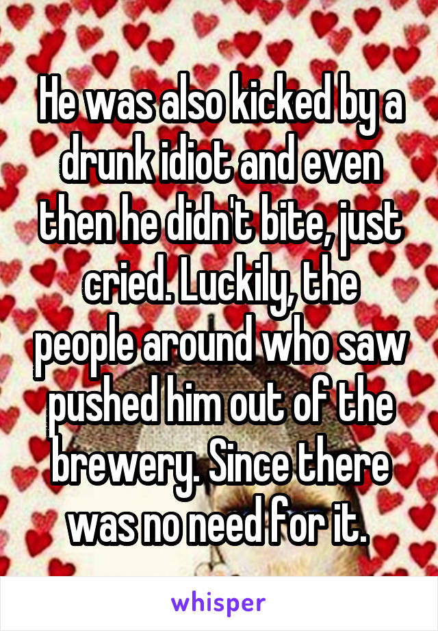 He was also kicked by a drunk idiot and even then he didn't bite, just cried. Luckily, the people around who saw pushed him out of the brewery. Since there was no need for it. 