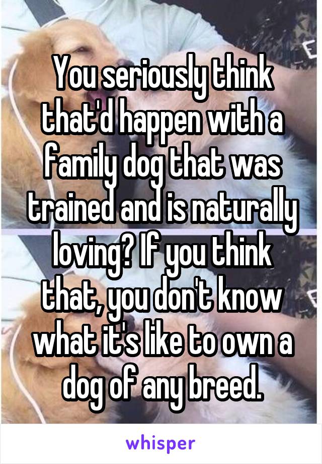 You seriously think that'd happen with a family dog that was trained and is naturally loving? If you think that, you don't know what it's like to own a dog of any breed.