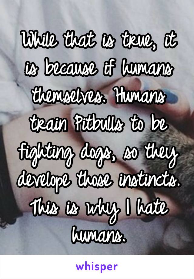 While that is true, it is because if humans themselves. Humans train Pitbulls to be fighting dogs, so they develope those instincts. This is why I hate humans.