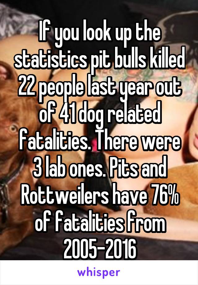 If you look up the statistics pit bulls killed 22 people last year out of 41 dog related fatalities. There were 3 lab ones. Pits and Rottweilers have 76% of fatalities from 2005-2016