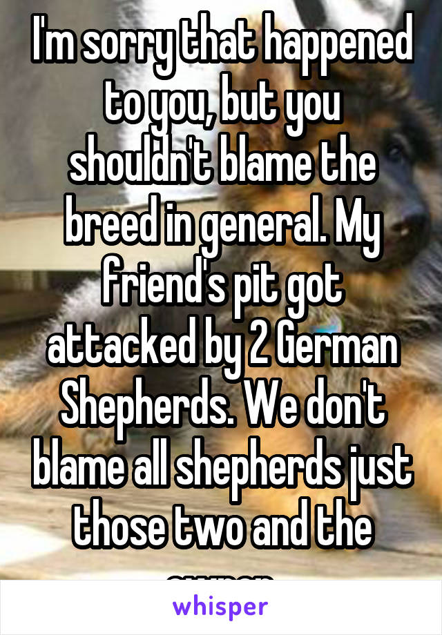 I'm sorry that happened to you, but you shouldn't blame the breed in general. My friend's pit got attacked by 2 German Shepherds. We don't blame all shepherds just those two and the owner.