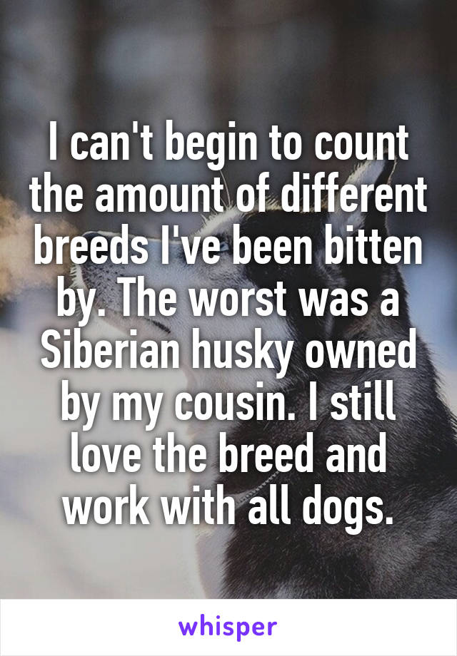 I can't begin to count the amount of different breeds I've been bitten by. The worst was a Siberian husky owned by my cousin. I still love the breed and work with all dogs.