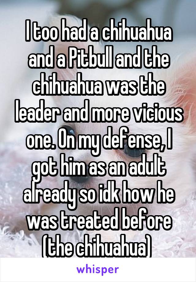 I too had a chihuahua and a Pitbull and the chihuahua was the leader and more vicious one. On my defense, I got him as an adult already so idk how he was treated before (the chihuahua) 