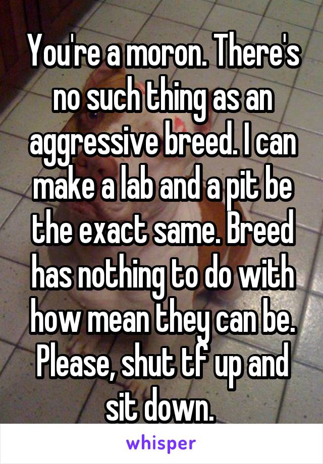 You're a moron. There's no such thing as an aggressive breed. I can make a lab and a pit be the exact same. Breed has nothing to do with how mean they can be. Please, shut tf up and sit down. 