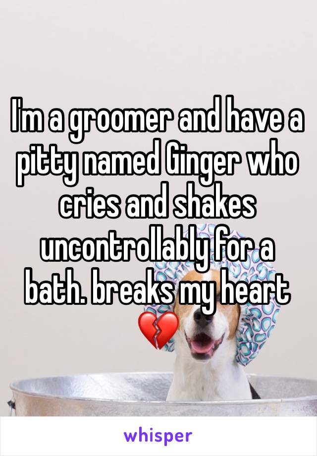 I'm a groomer and have a pitty named Ginger who cries and shakes uncontrollably for a bath. breaks my heart 💔