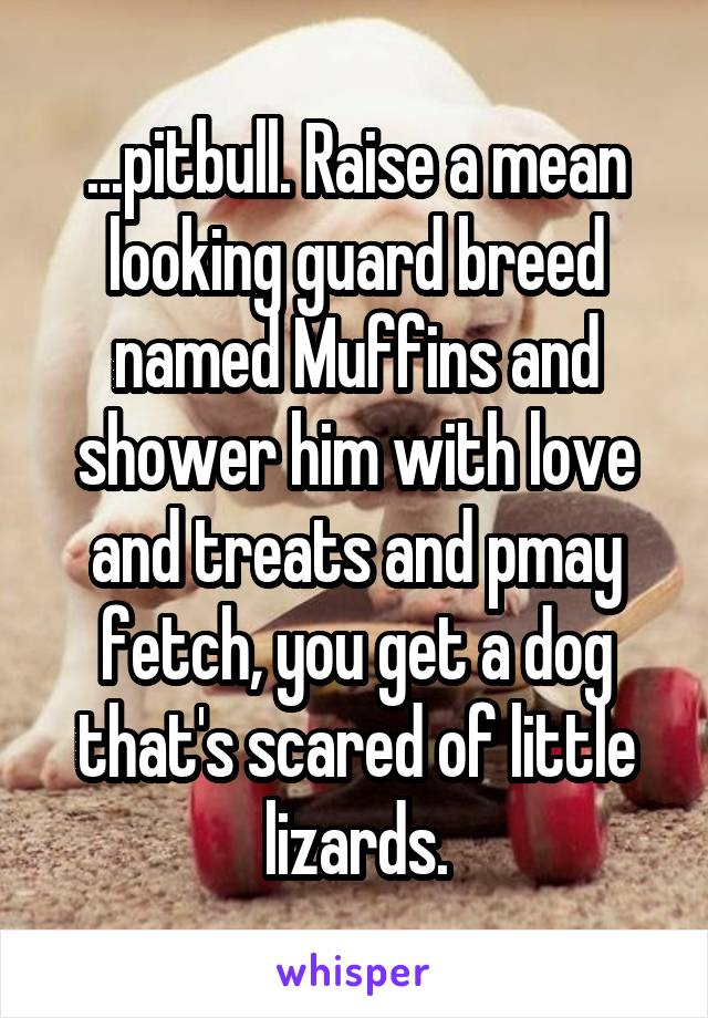 ...pitbull. Raise a mean looking guard breed named Muffins and shower him with love and treats and pmay fetch, you get a dog that's scared of little lizards.