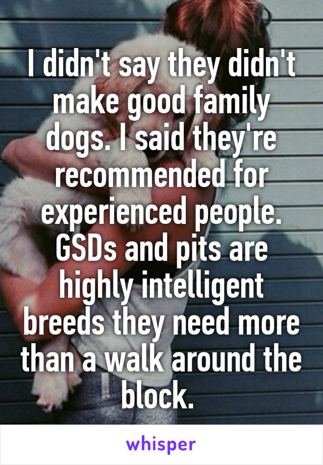 I didn't say they didn't make good family dogs. I said they're recommended for experienced people. GSDs and pits are highly intelligent breeds they need more than a walk around the block. 