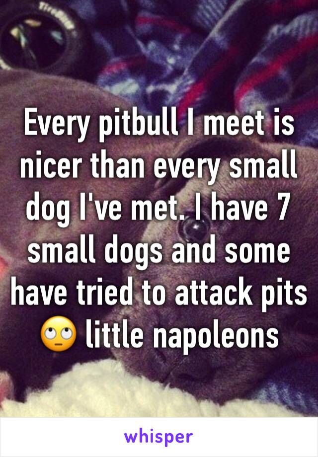 Every pitbull I meet is nicer than every small dog I've met. I have 7 small dogs and some have tried to attack pits 🙄 little napoleons 