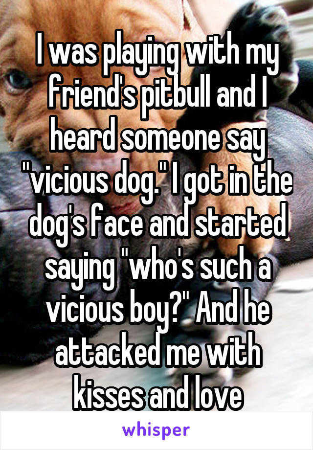 I was playing with my friend's pitbull and I heard someone say "vicious dog." I got in the dog's face and started saying "who's such a vicious boy?" And he attacked me with kisses and love