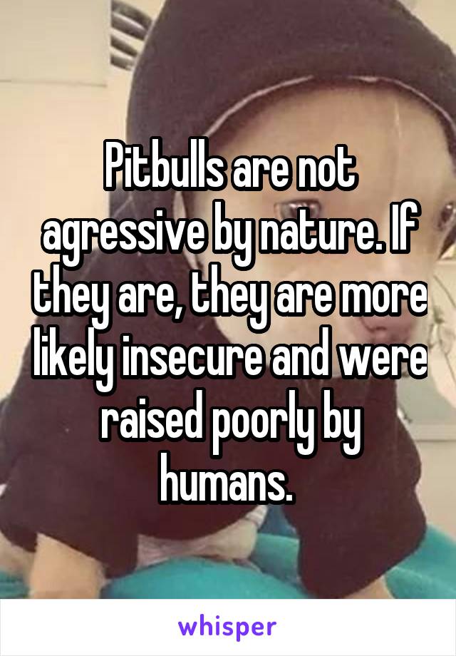 Pitbulls are not agressive by nature. If they are, they are more likely insecure and were raised poorly by humans. 