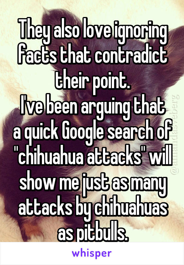 They also love ignoring facts that contradict their point.
I've been arguing that a quick Google search of "chihuahua attacks" will show me just as many attacks by chihuahuas as pitbulls.