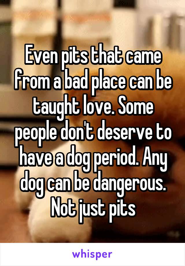 Even pits that came from a bad place can be taught love. Some people don't deserve to have a dog period. Any dog can be dangerous. Not just pits