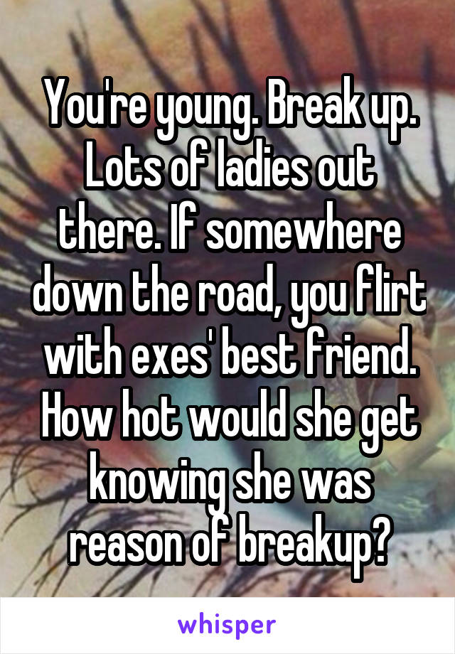 You're young. Break up. Lots of ladies out there. If somewhere down the road, you flirt with exes' best friend. How hot would she get knowing she was reason of breakup?