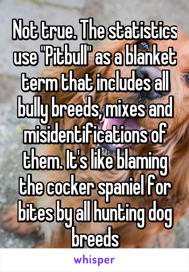 Not true. The statistics use "Pitbull" as a blanket term that includes all bully breeds, mixes and misidentifications of them. It's like blaming the cocker spaniel for bites by all hunting dog breeds