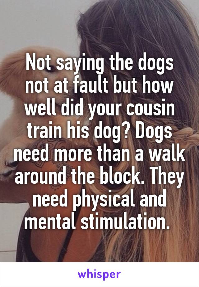 Not saying the dogs not at fault but how well did your cousin train his dog? Dogs need more than a walk around the block. They need physical and mental stimulation. 