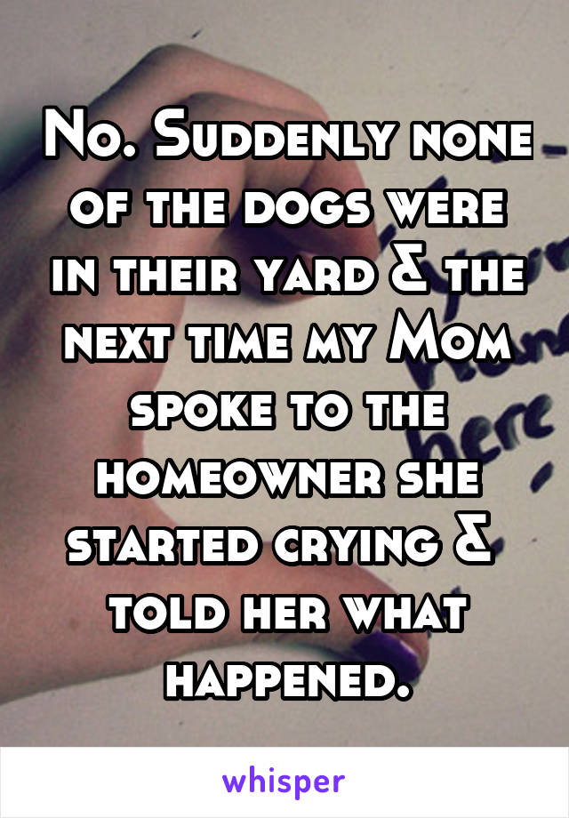 No. Suddenly none of the dogs were in their yard & the next time my Mom spoke to the homeowner she started crying &  told her what happened.