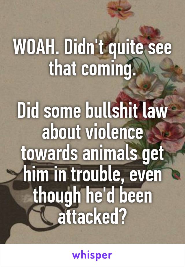 WOAH. Didn't quite see that coming.

Did some bullshit law about violence towards animals get him in trouble, even though he'd been attacked?