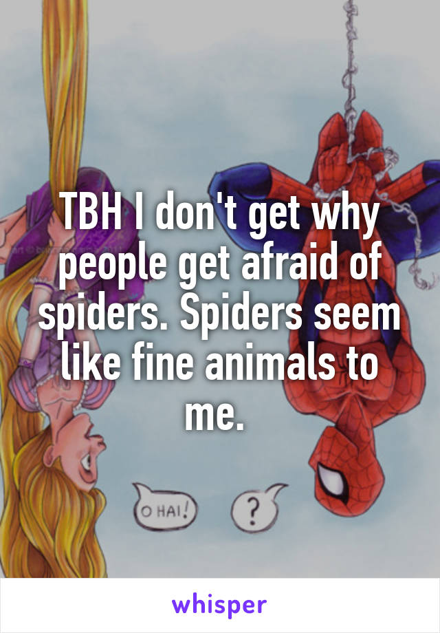 TBH I don't get why people get afraid of spiders. Spiders seem like fine animals to me. 