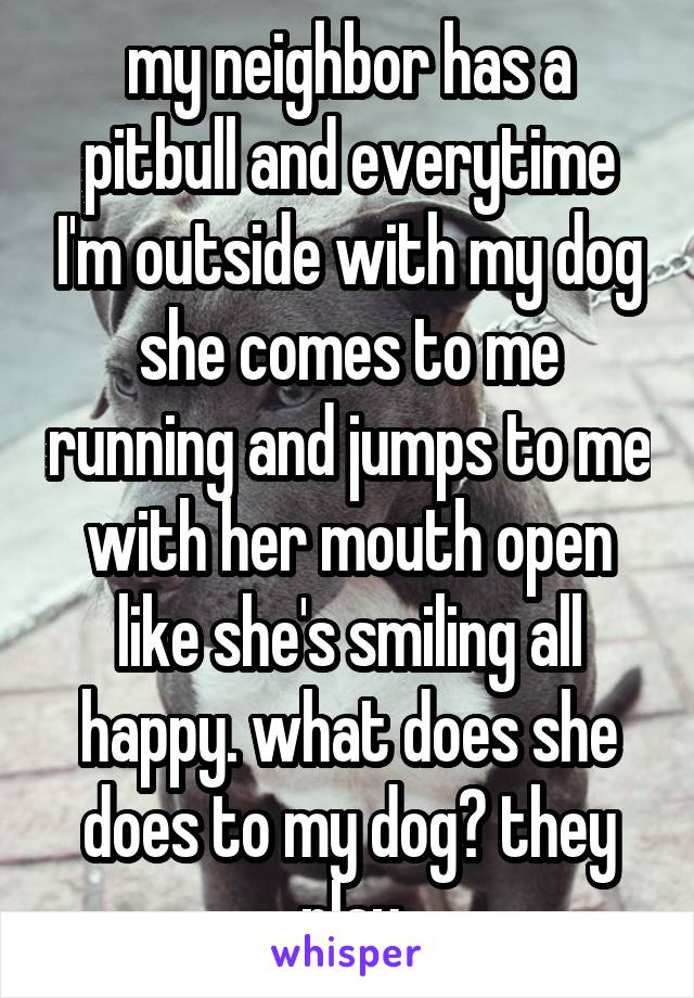 my neighbor has a pitbull and everytime I'm outside with my dog she comes to me running and jumps to me with her mouth open like she's smiling all happy. what does she does to my dog? they play