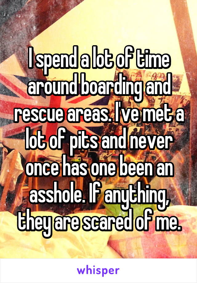 I spend a lot of time around boarding and rescue areas. I've met a lot of pits and never once has one been an asshole. If anything, they are scared of me.