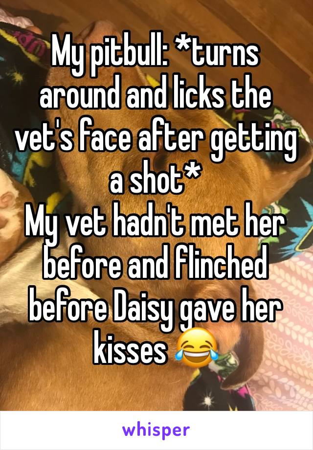 My pitbull: *turns around and licks the vet's face after getting a shot* 
My vet hadn't met her before and flinched before Daisy gave her kisses 😂