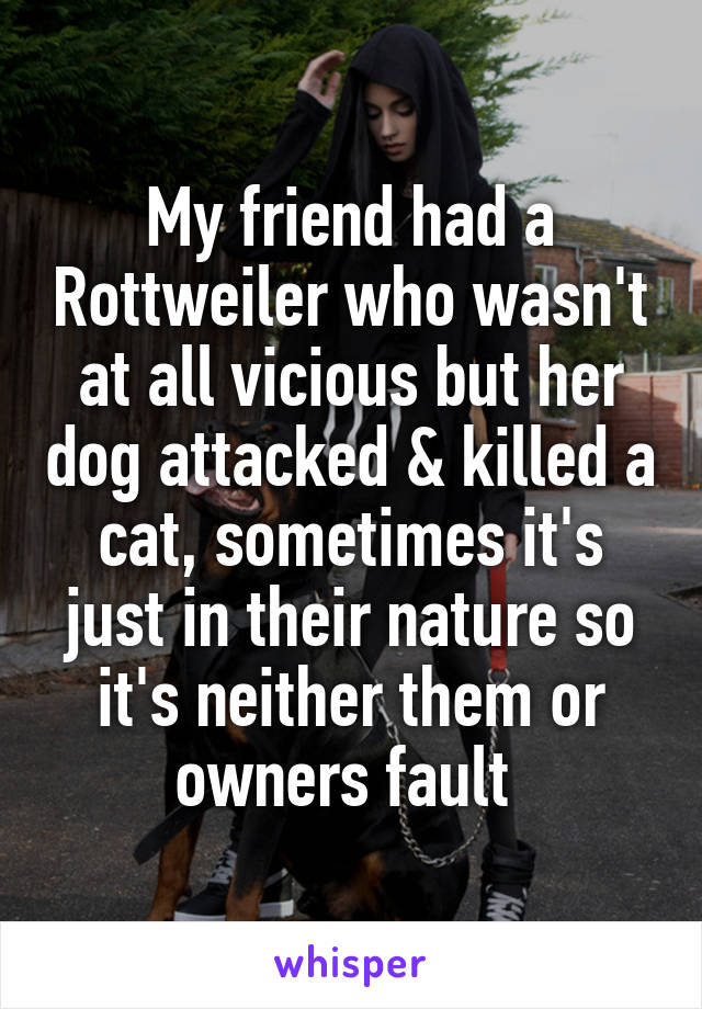 My friend had a Rottweiler who wasn't at all vicious but her dog attacked & killed a cat, sometimes it's just in their nature so it's neither them or owners fault 