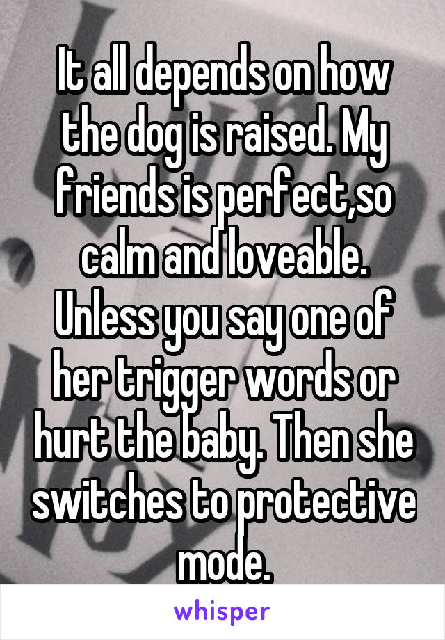 It all depends on how the dog is raised. My friends is perfect,so calm and loveable. Unless you say one of her trigger words or hurt the baby. Then she switches to protective mode.