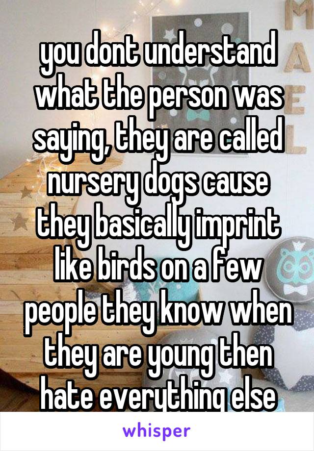 you dont understand what the person was saying, they are called nursery dogs cause they basically imprint like birds on a few people they know when they are young then hate everything else