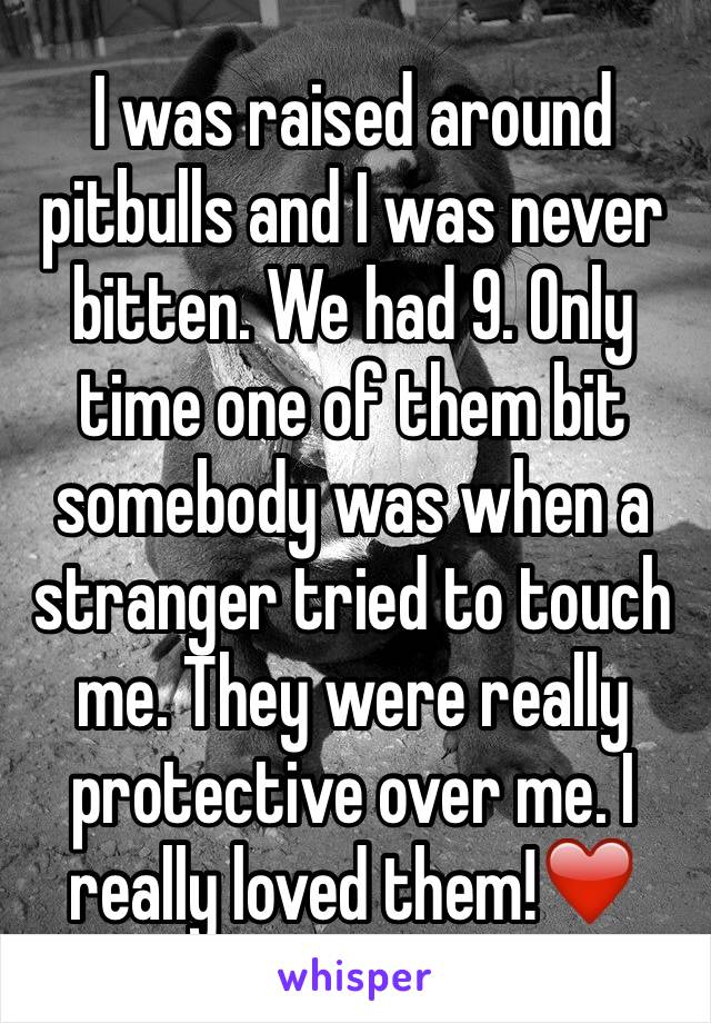 I was raised around pitbulls and I was never bitten. We had 9. Only time one of them bit somebody was when a stranger tried to touch me. They were really protective over me. I really loved them!❤️