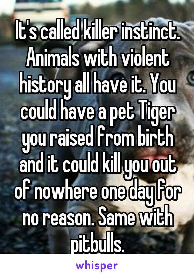 It's called killer instinct. Animals with violent history all have it. You could have a pet Tiger you raised from birth and it could kill you out of nowhere one day for no reason. Same with pitbulls.