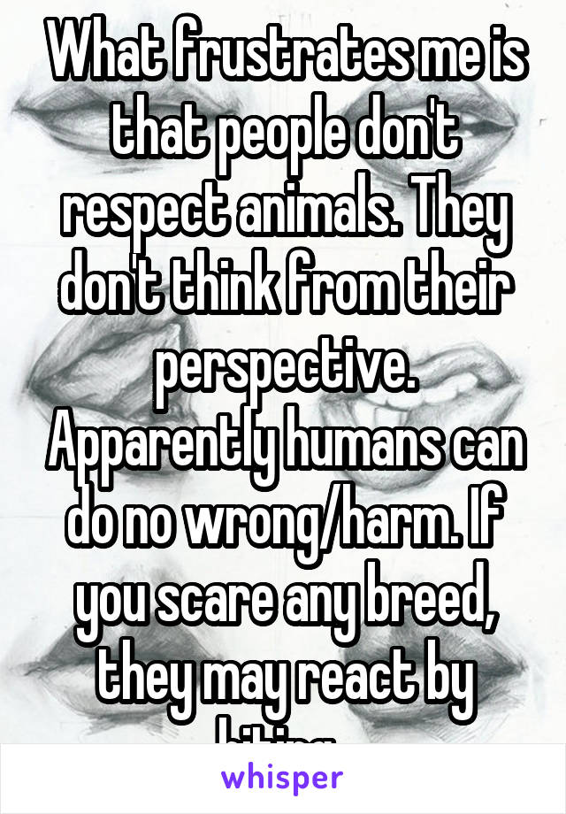 What frustrates me is that people don't respect animals. They don't think from their perspective. Apparently humans can do no wrong/harm. If you scare any breed, they may react by biting. 