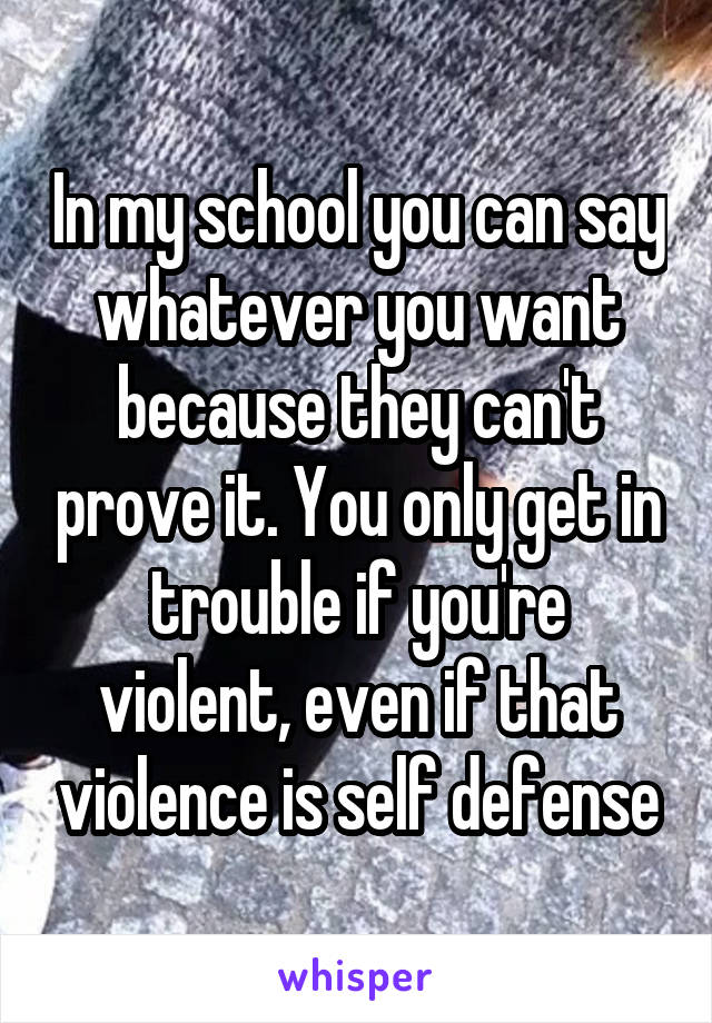 In my school you can say whatever you want because they can't prove it. You only get in trouble if you're violent, even if that violence is self defense