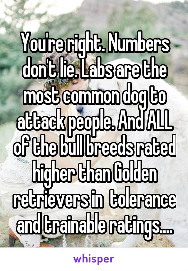 You're right. Numbers don't lie. Labs are the most common dog to attack people. And ALL of the bull breeds rated higher than Golden retrievers in  tolerance and trainable ratings....