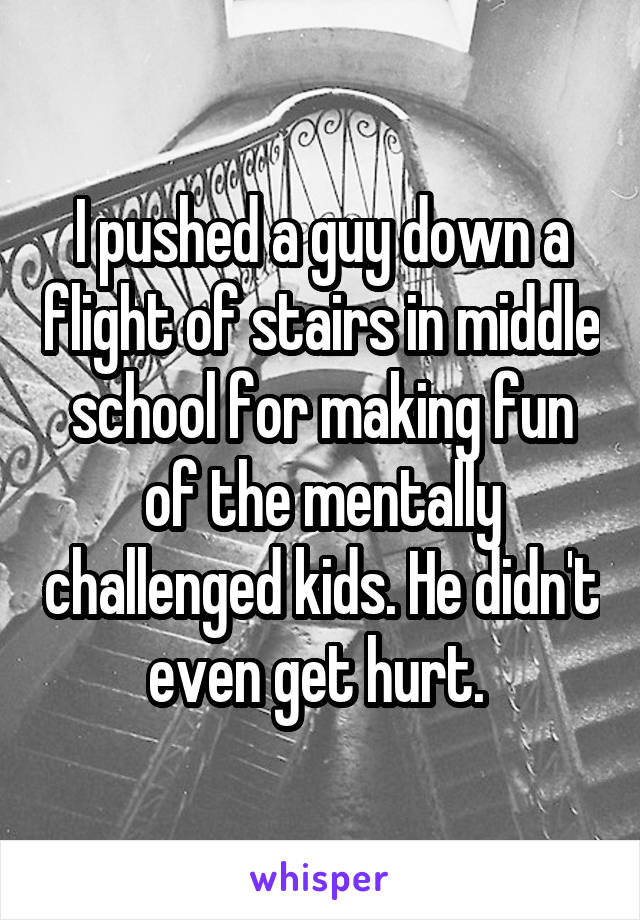 I pushed a guy down a flight of stairs in middle school for making fun of the mentally challenged kids. He didn't even get hurt. 