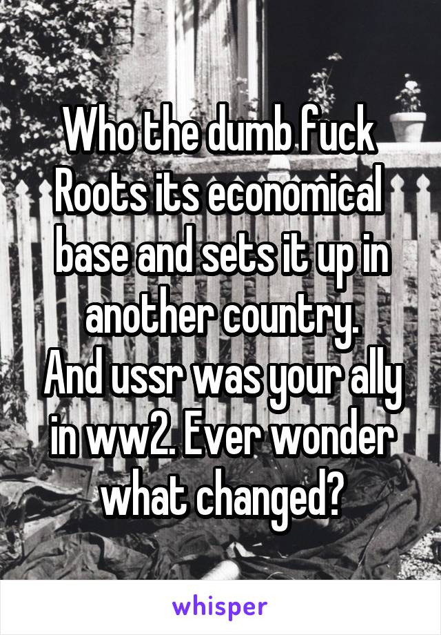 Who the dumb fuck 
Roots its economical  base and sets it up in another country.
And ussr was your ally in ww2. Ever wonder what changed?