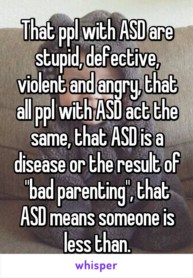 That ppl with ASD are stupid, defective, violent and angry, that all ppl with ASD act the same, that ASD is a disease or the result of "bad parenting", that ASD means someone is less than.