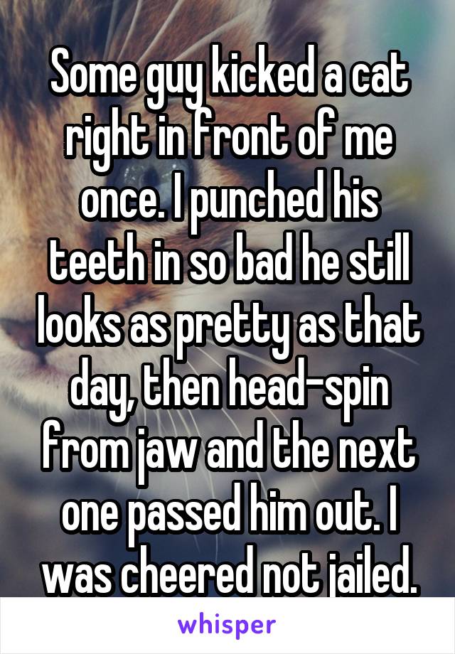 Some guy kicked a cat right in front of me once. I punched his teeth in so bad he still looks as pretty as that day, then head-spin from jaw and the next one passed him out. I was cheered not jailed.