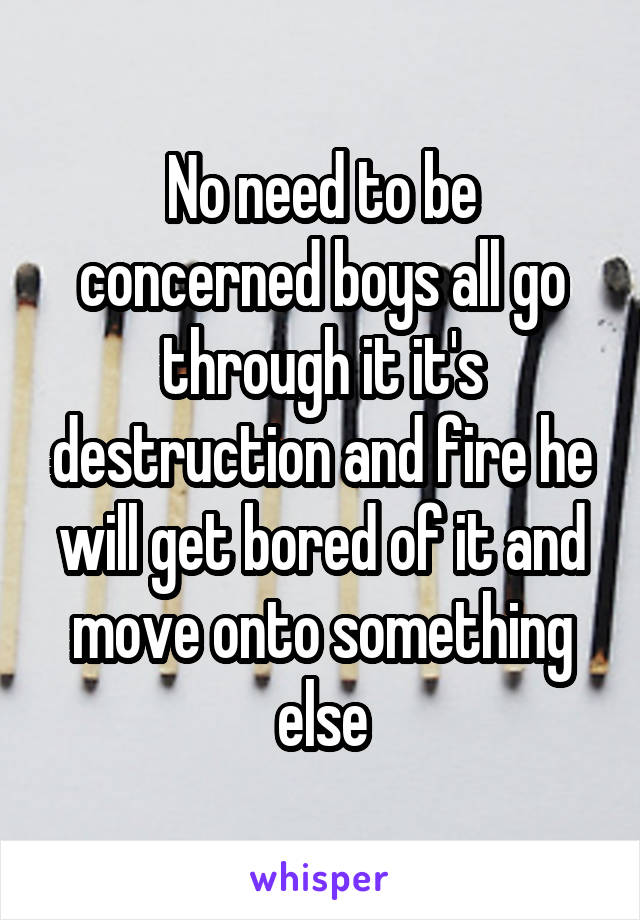 No need to be concerned boys all go through it it's destruction and fire he will get bored of it and move onto something else