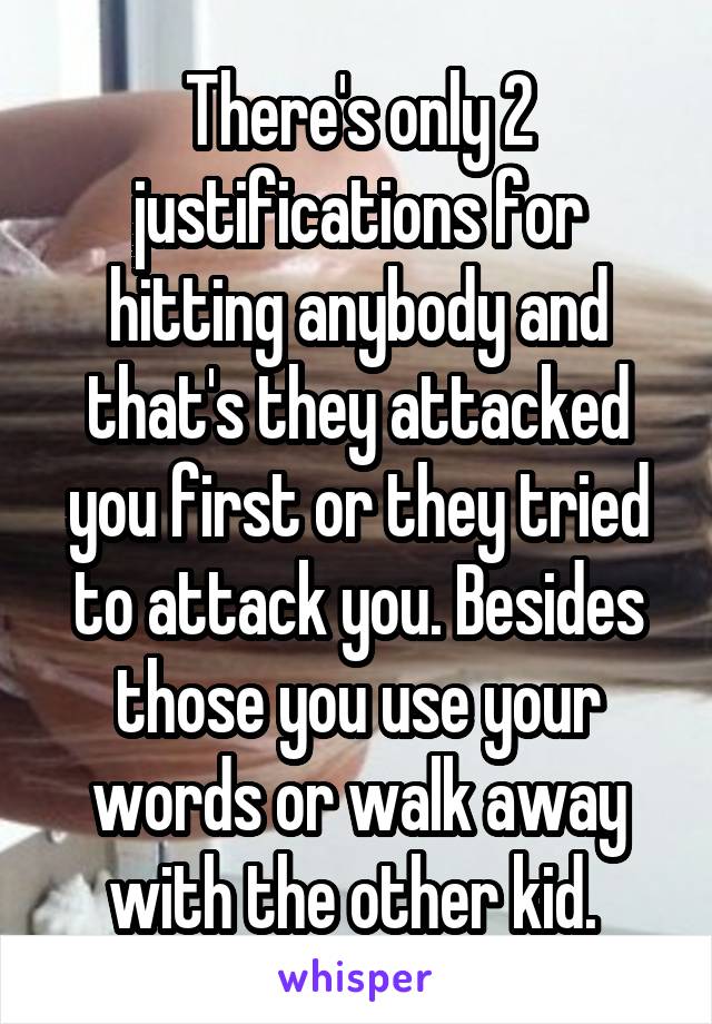 There's only 2 justifications for hitting anybody and that's they attacked you first or they tried to attack you. Besides those you use your words or walk away with the other kid. 