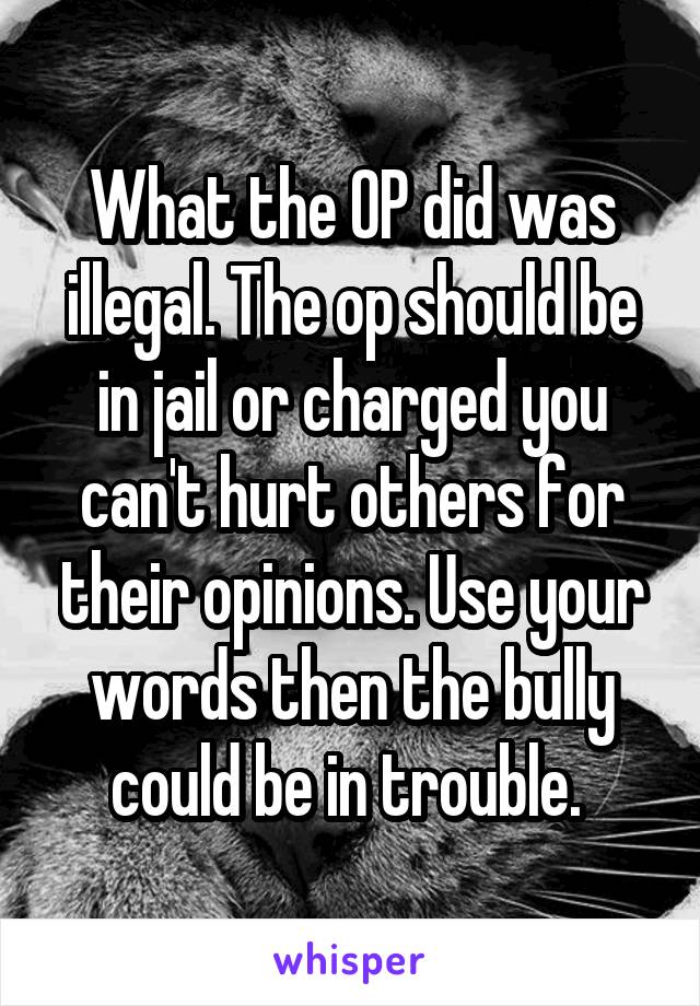 What the OP did was illegal. The op should be in jail or charged you can't hurt others for their opinions. Use your words then the bully could be in trouble. 