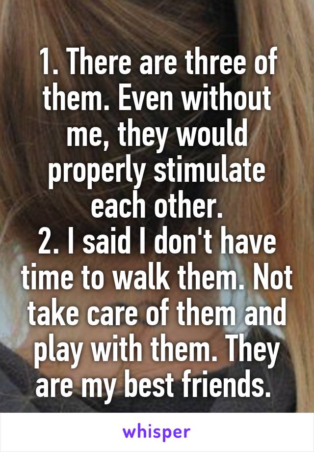 1. There are three of them. Even without me, they would properly stimulate each other.
2. I said I don't have time to walk them. Not take care of them and play with them. They are my best friends. 