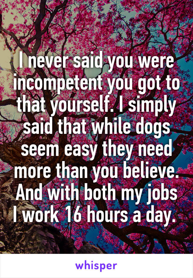 I never said you were incompetent you got to that yourself. I simply said that while dogs seem easy they need more than you believe. And with both my jobs I work 16 hours a day. 